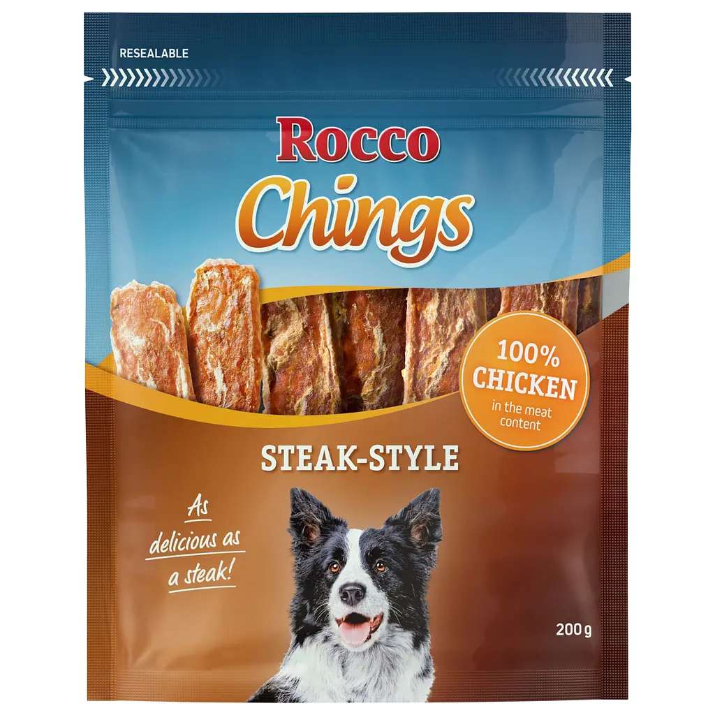 Ласощі для собак Rocco Chings куряче філе смужками 200 г 006843 ЦІНА ЗА 1 КГ