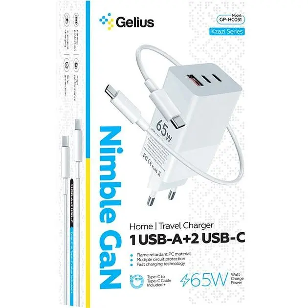 Зарядний пристрій Gelius Nimble GaN 65W GP-HC051 White Type-C to Type-C cable (90473) - фото 2