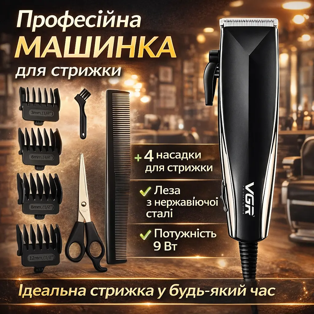 Професійна машинка для стриження волосся + 4 насадки, VGR V-033 / Чоловічий тример - фото 2