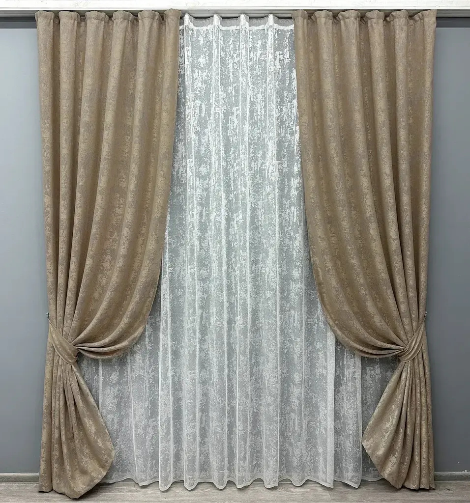 Комплект штор з тюлем VR-Textil Жакард Мармур, капучино з білим, 2 штори 200×270 см + тюль 600×270 см, арт. 71-005/7