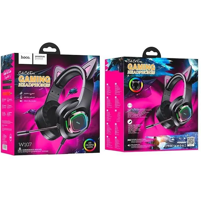 Навушники Hoco W107 Cute cat luminous cat ear gaming headphones чорно-зелені - фото 3