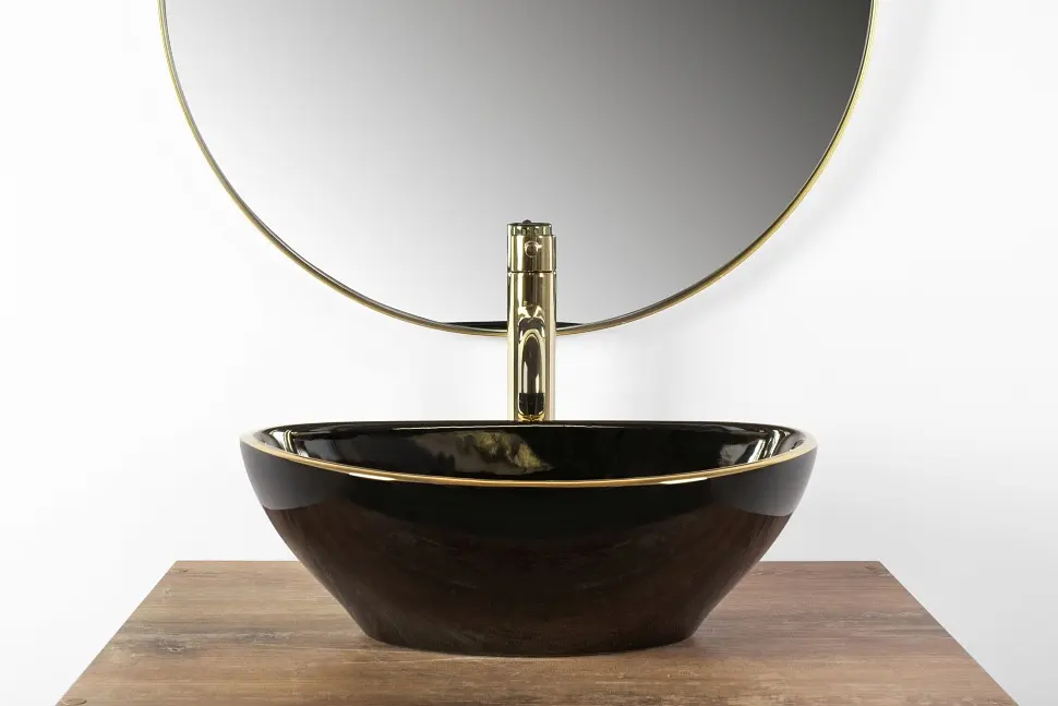 Умивальник Rea Sofia 41x34,5 black gold edge (REA-U3695), Глянцева - фото 4