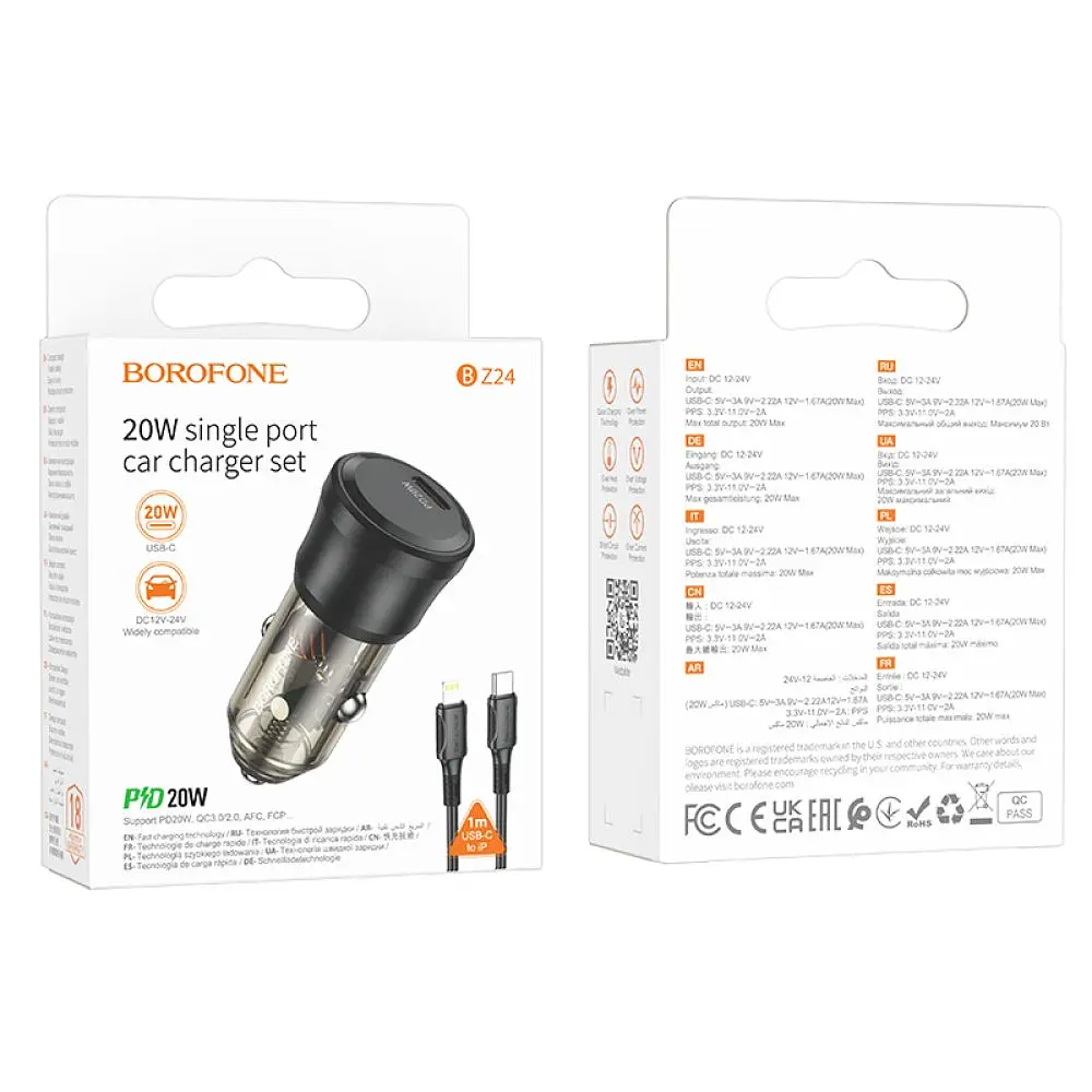 Автомобільний зарядний пристрій Borofone BZ24 Clever single port 1USB-C QC3.0/PD20W Type-C to Lightning Transparent Black (34162_3337969) - фото 2
