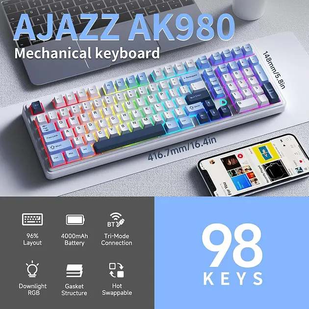 AJAZZ AK980 — повнорозмірна механічна клавіатура (100%) , Блакитно-білий - фото 5