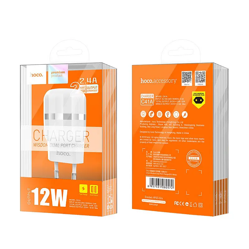 Адаптер мережевий Hoco Wisdom C41A зарядний на 2USB-виходи біле - фото 3