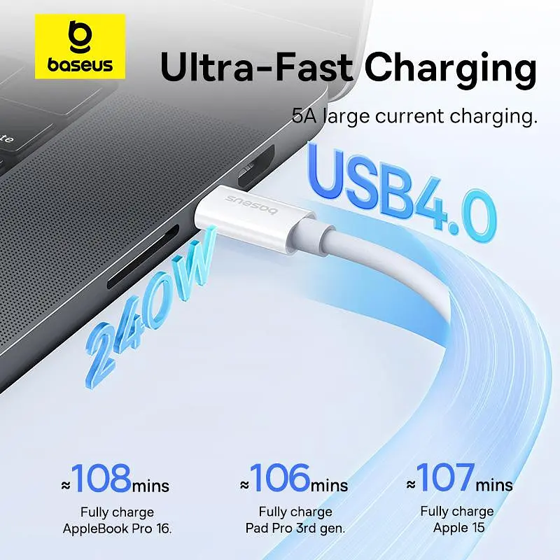 Дата кабель Baseus Superior Series 2 USB4 Full-Function Type-C to Type-C 240W (1m) (P10365200211) Moon White - фото 5