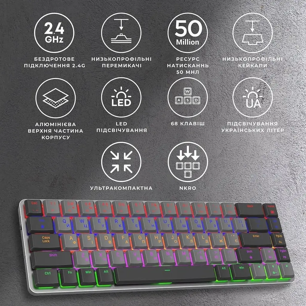 Клавіатура GamePro MK122R Red Switch Low Profile Wireless Dark Gray (MK122R) - фото 5