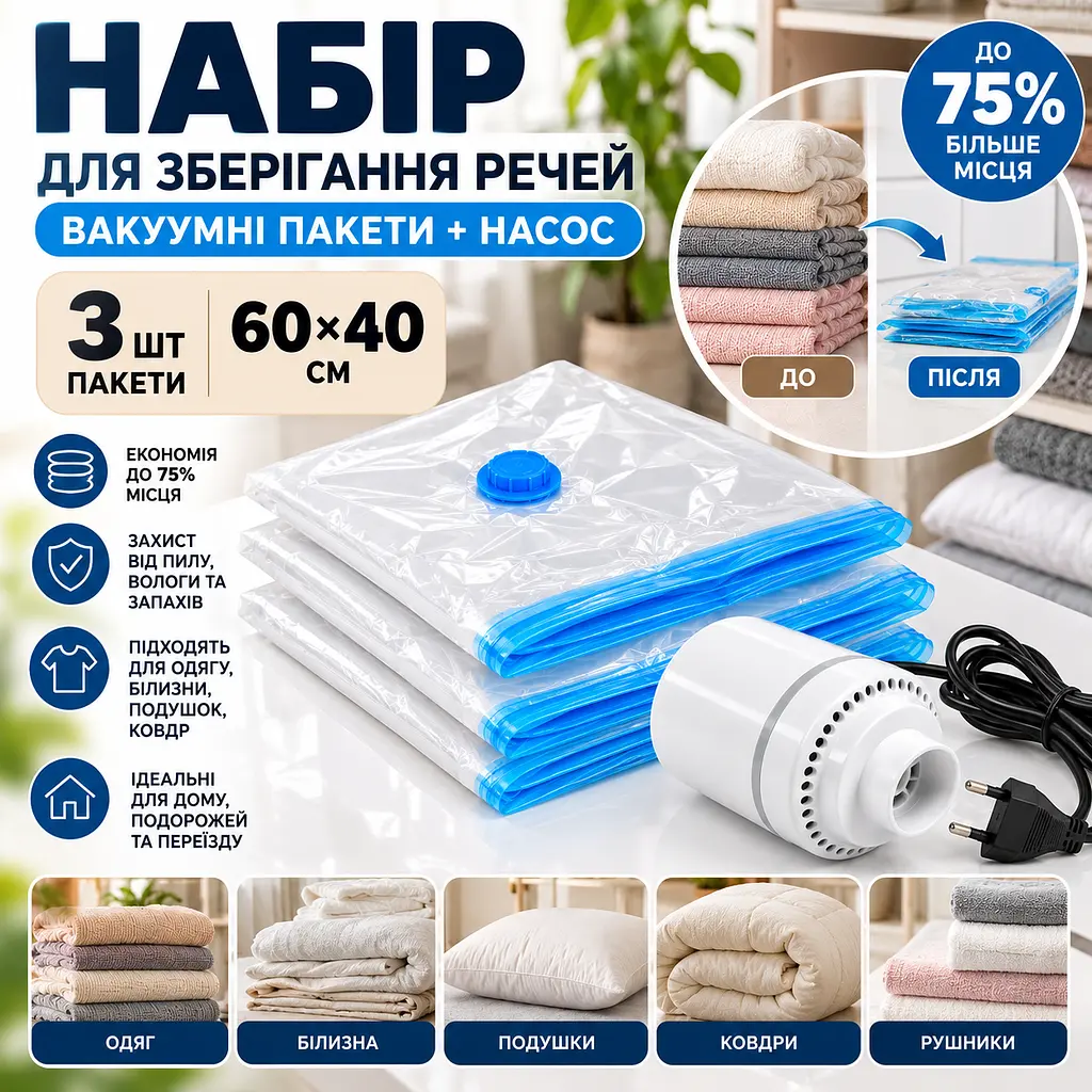 Набір для зберігання речей вакуумні пакети 60×40 см 3 шт. + насос - фото 2