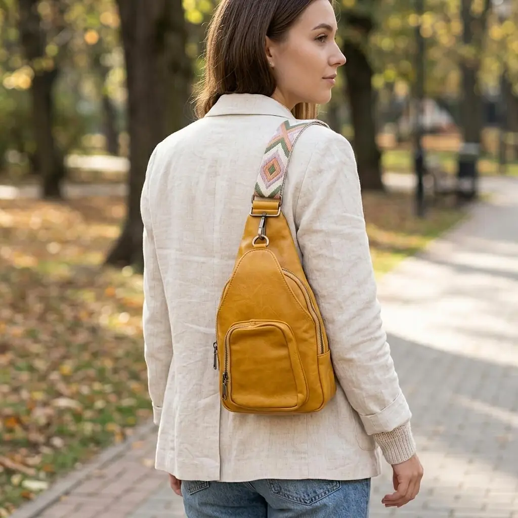Яскрава жіноча сумка з екошкіри з акцентом на текстильну лямку Vintage 22775 жовта - фото 2