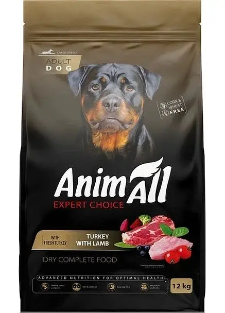 AnimAll повнораціонний сухий корм для собак великих порід зі свіжою індичкою та ягням, 12 кг