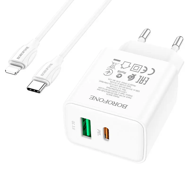 СЗУ Borofone BA67A PD20W+QC3.0 (1USB-A/1C) + кабель Type-C to Lightning - фото 3