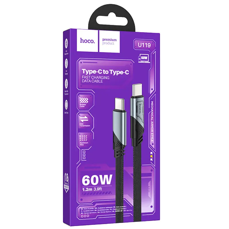 Дата кабель Hoco U119 Machine charging data Type-C to Type-C 60W (1.2m) Black - фото 5