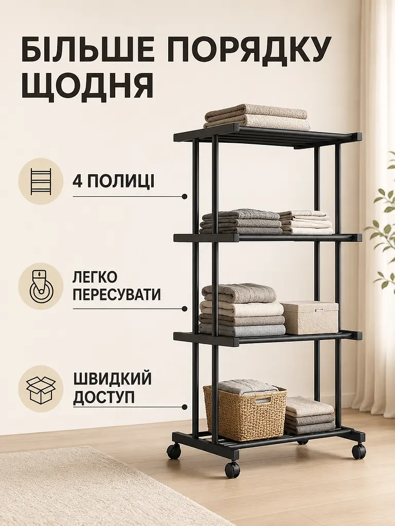 Підлоговий стелаж на коліщатках із 4 металевими полицями для гардеробної, спальні, передпокою та офісу, темно-сірий (49676312) - фото 8