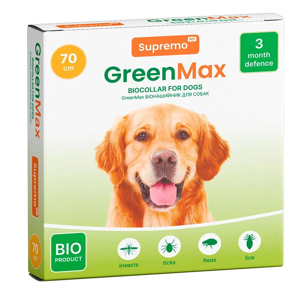Нашийник від паразитів Greenmax для собак на натуральній основі, зелений, 70 см, до 3 міс.