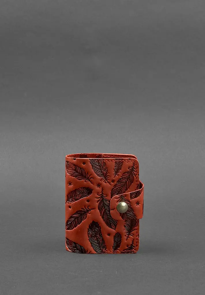 Кожаный кард-кейс 7.1 (Книжечка) коралловый с перьями Crazy Horse - фото 2