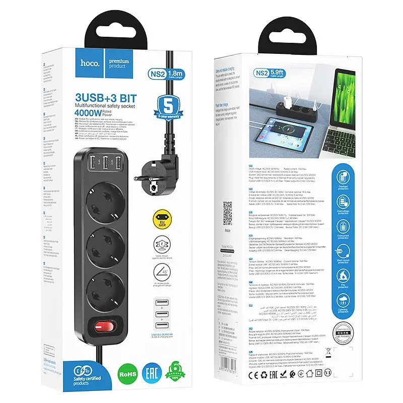Мережевий фільтр-продовжувач Hoco NS2 (3 х розетки 3 х USB) чорний 1.8 м - фото 3