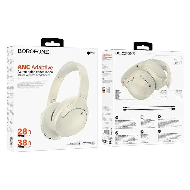 Беспроводные наушники Borofone BO31 Prestige active noise reduction BT headphones, BT5.4, ANC, AUX, BT, 400mAh, 38h Max, Milky white - фото 3
