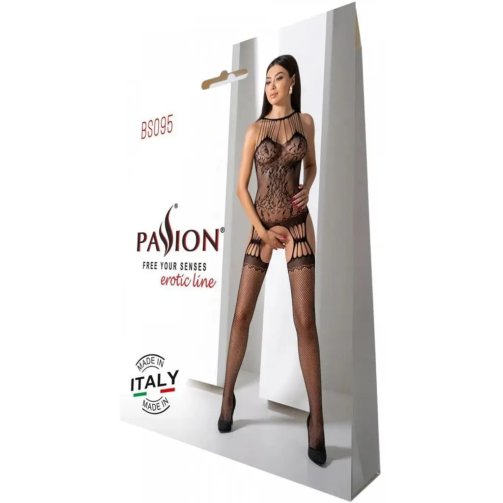 Бодістокінг з безліччю бретелей Passion BS095 One Size, Black, імітація пояса та панчіх, з доступом - фото 6