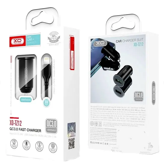 Автомобильное зарядное устройство XO TZ12 18W QC3.0 Car Charger with Lighting cable Черный - фото 2