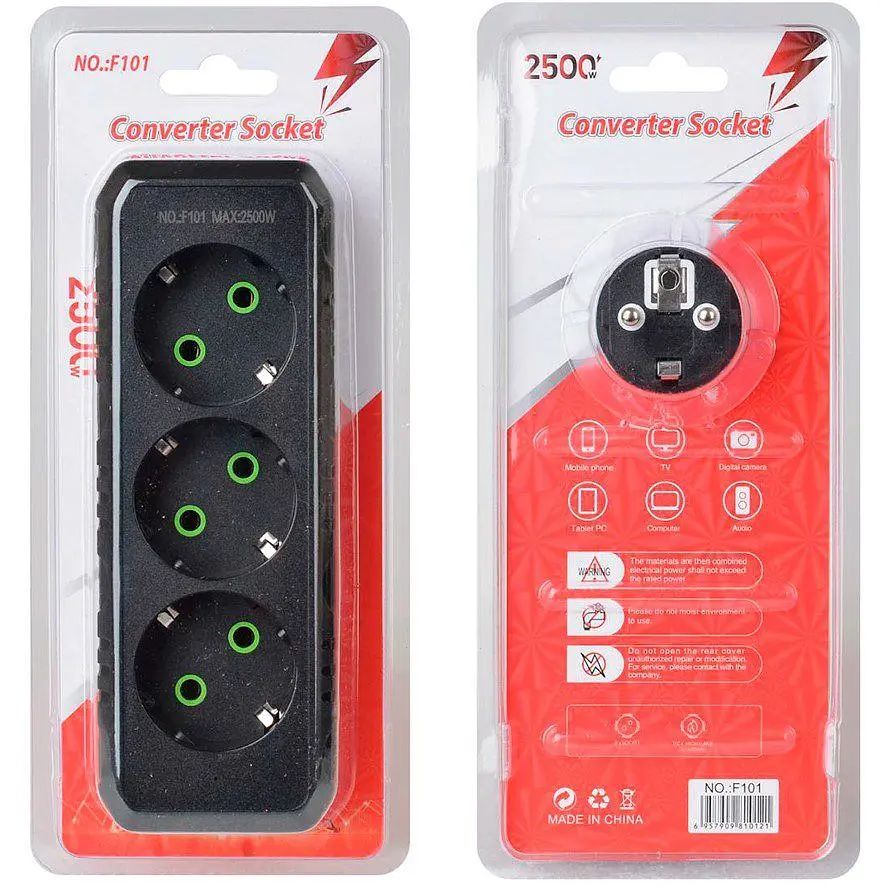 Розетка трійник із заземленням Voltronic F-101 Black, 3 розетки, 2500W, 10A, 110-250V - фото 2