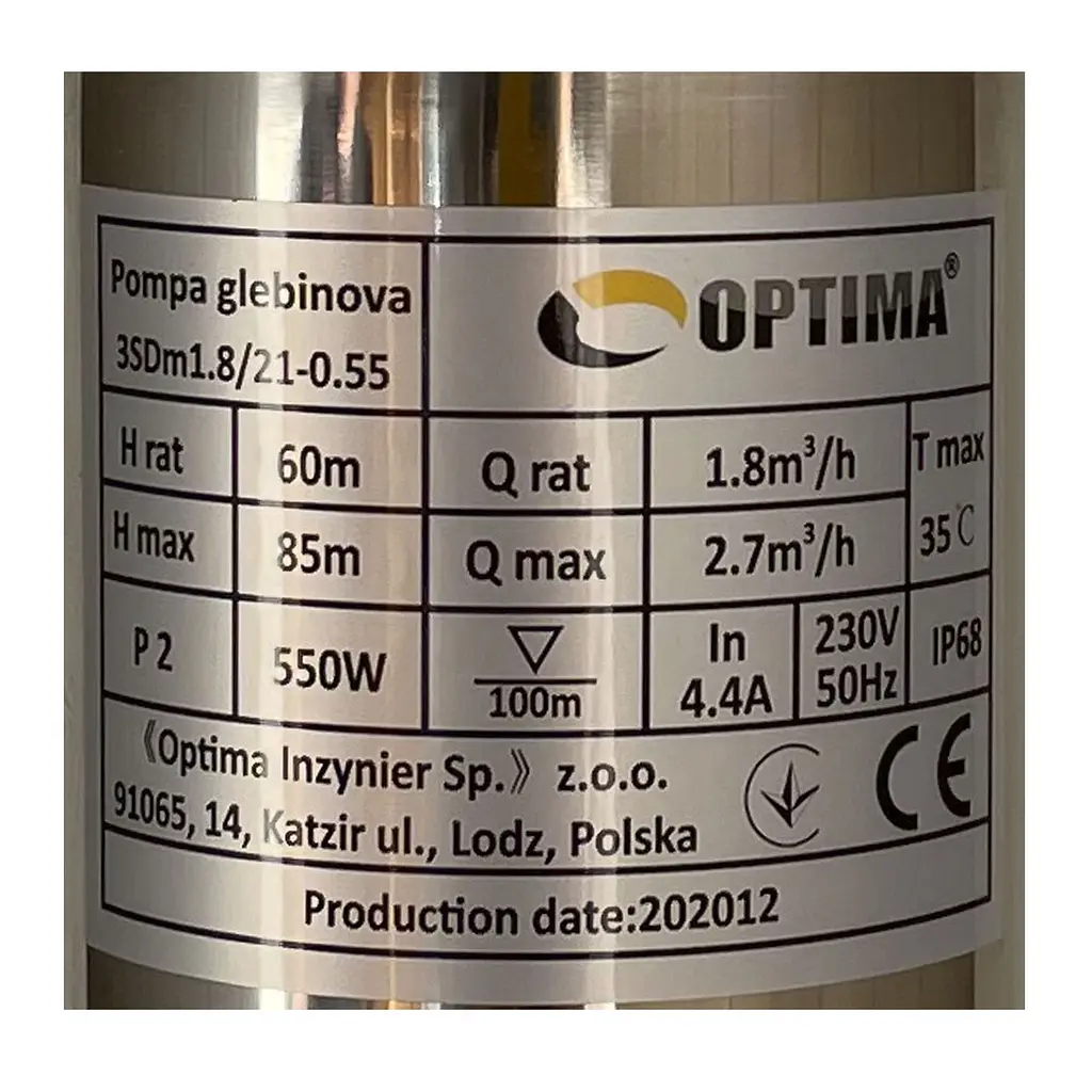 Насос свердловинний з підв, стійк, до піску 3″ Optima 3SDm1,8/21 0,55 кВт 85м +пульт+кабель 1,5мNEW 000021399 - фото 2