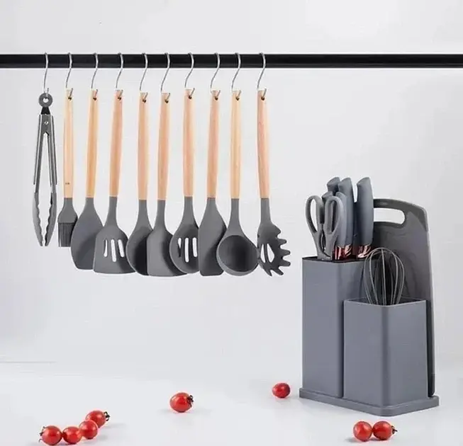 Набір кухонного приладдя Сірий на підставці TS Kitchen 19 штук із силікону з бамбуковою ручкою - фото 5