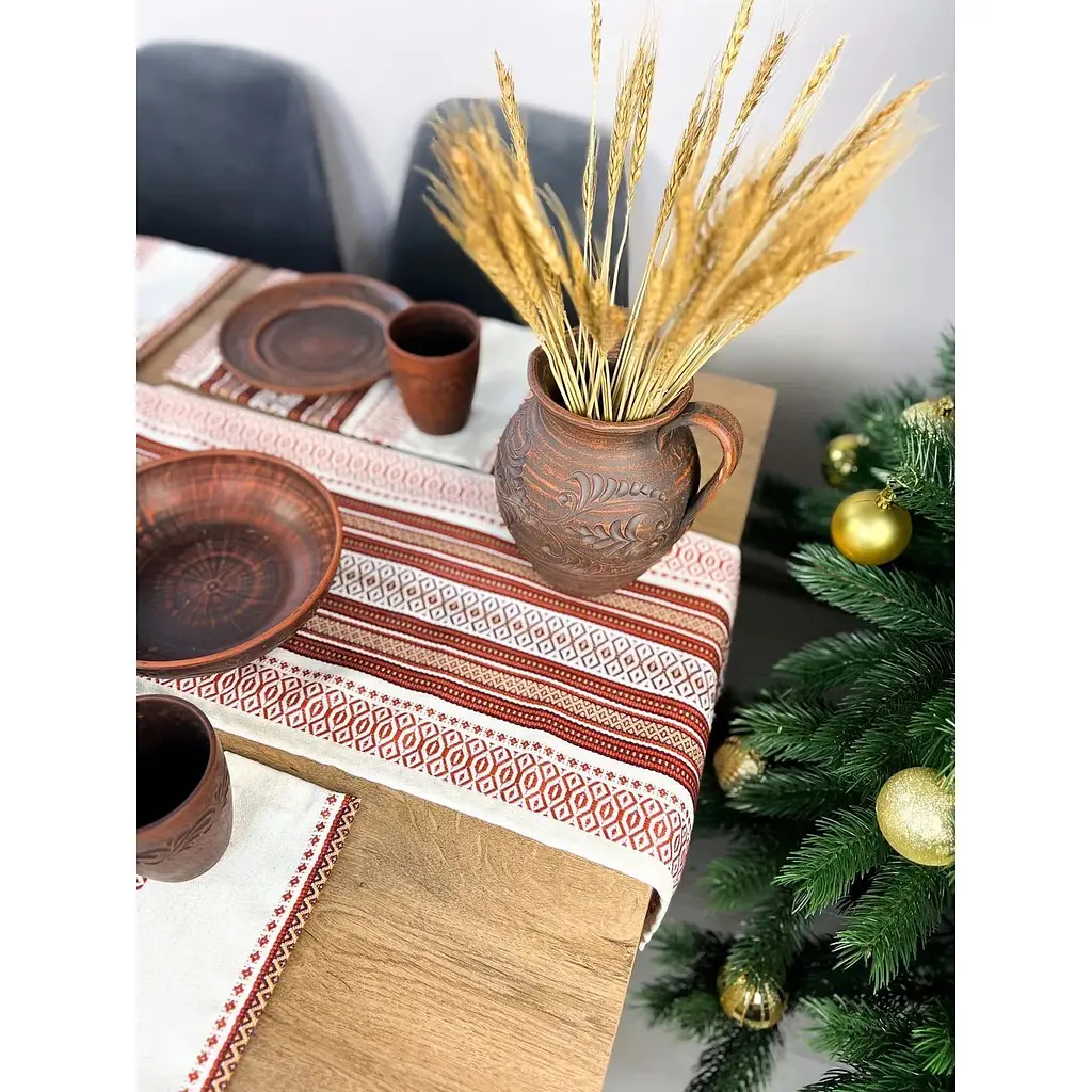 Комплект Рождественский льняной с украинским орнаментом Луч Ранер 140х40 см + салфетки 30х40 см 4 шт. красный - фото 2