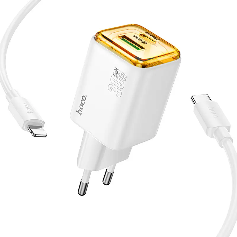 МЗП N53 Monsoon PD30W+QC3.0 (1USB-A/1C) + кабель Type-C to Lightning White Hoco teh0029644 - фото 2