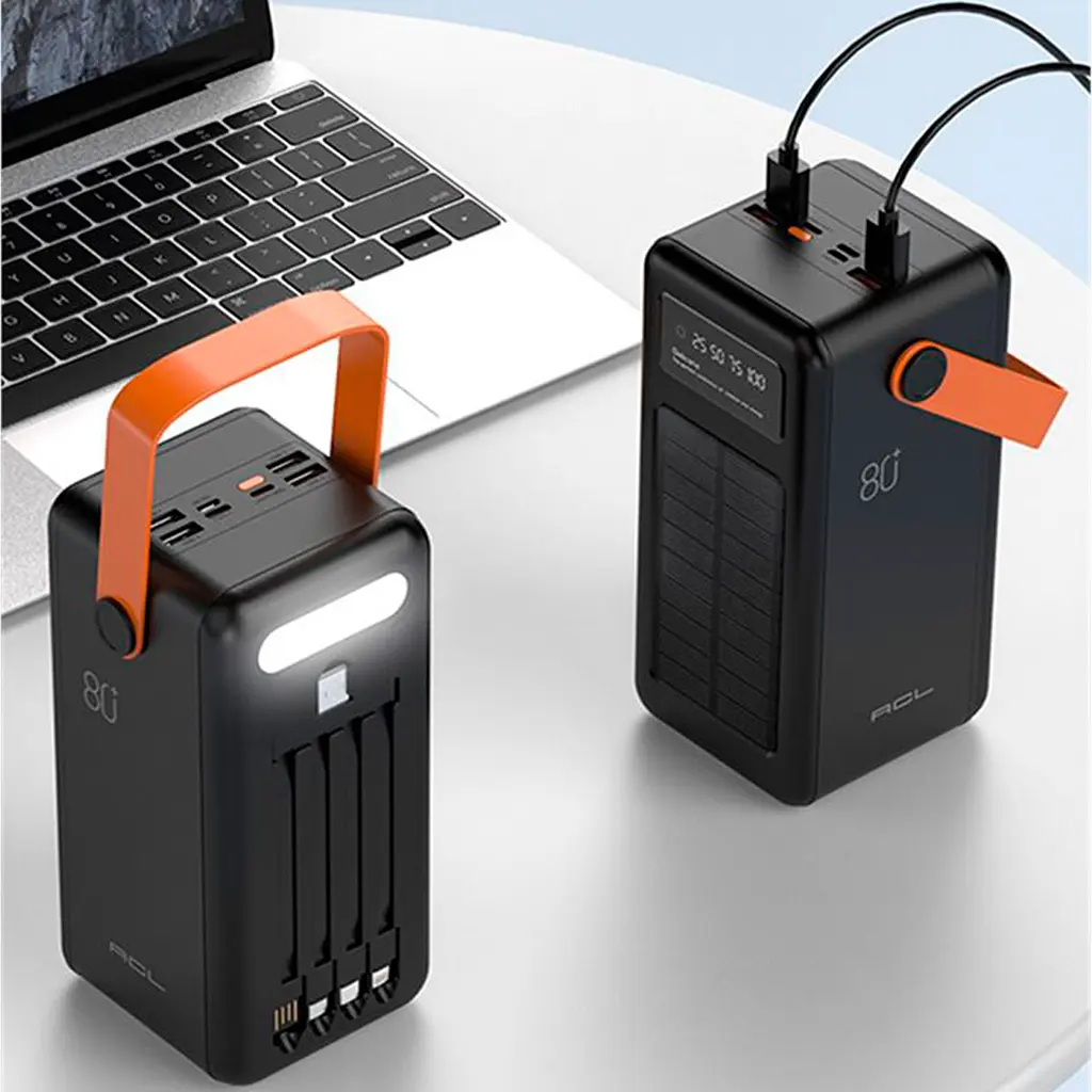 Павербанк ACL PW-53 80000 мА·год 22.5W Power Bank із сонячною панеллю, швидкою зарядкою QC 3.0, 4 USB, вбудованими кабелями та LED-світильником Чорний (UFTPW-53) - фото 2