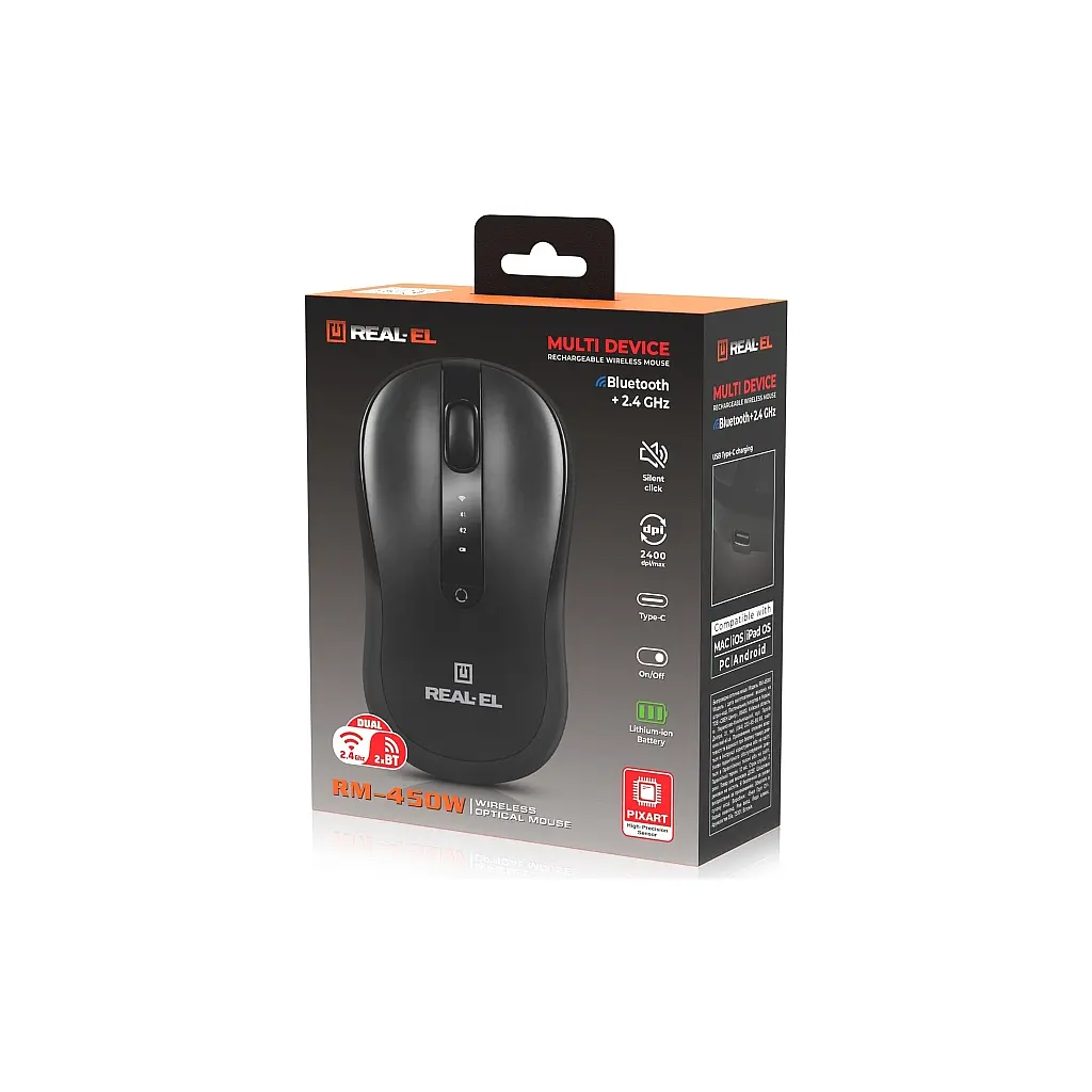 Мишка REAL-EL RM-450W Wireless/Bluetooth Black/Gray (EL123200046) - фото 10