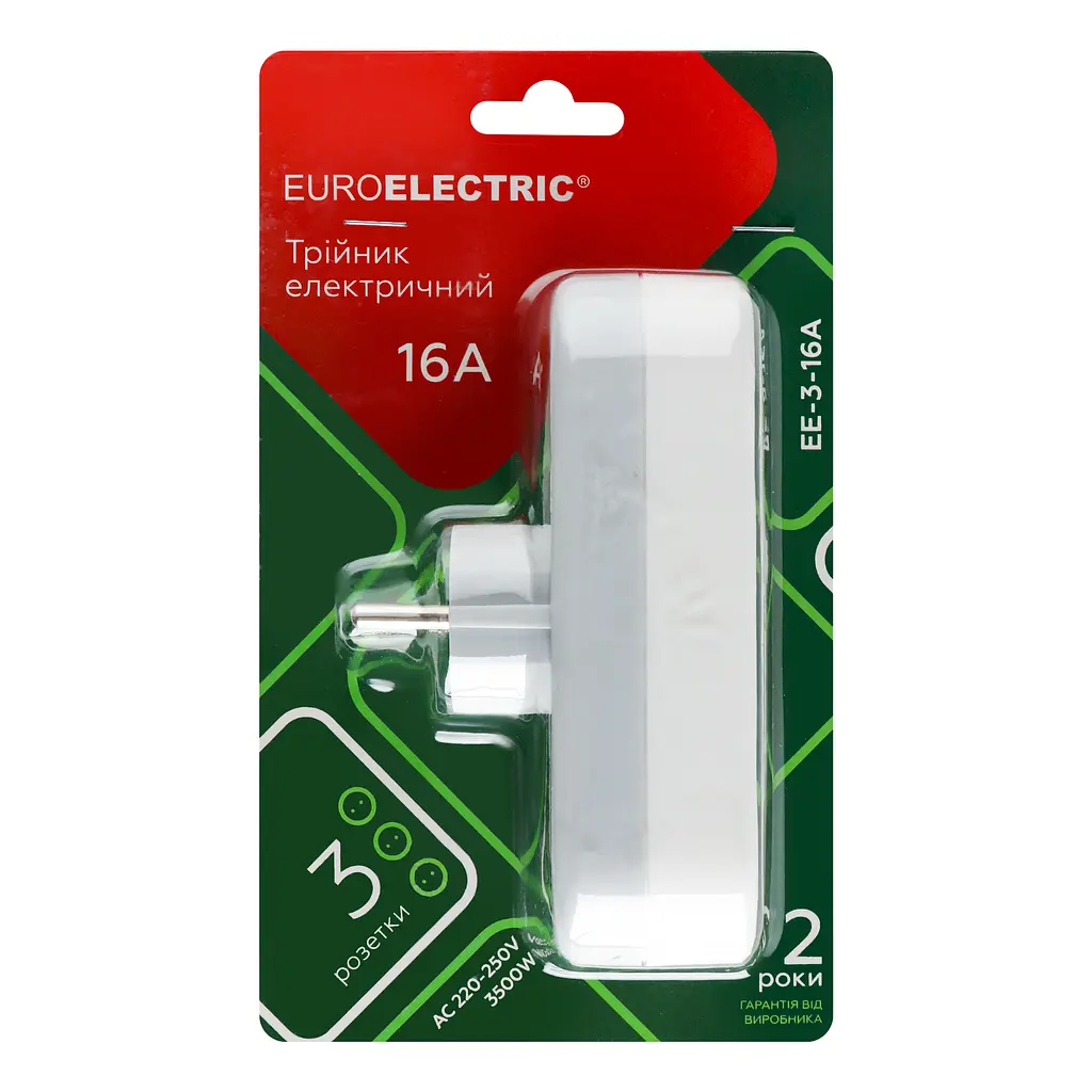 Мережевий трійник із заземленням Euroelectric X3, 16A, білий (EE-3-16A) - фото 2