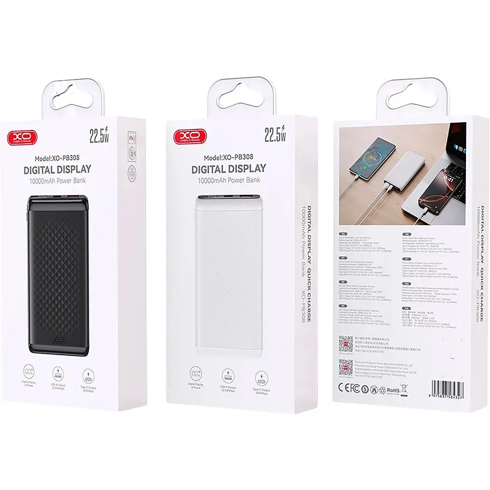 Зовнішній акумулятор XO PB308 10000 mAh PD20W + QC 3.0 22.5W чорний - фото 4