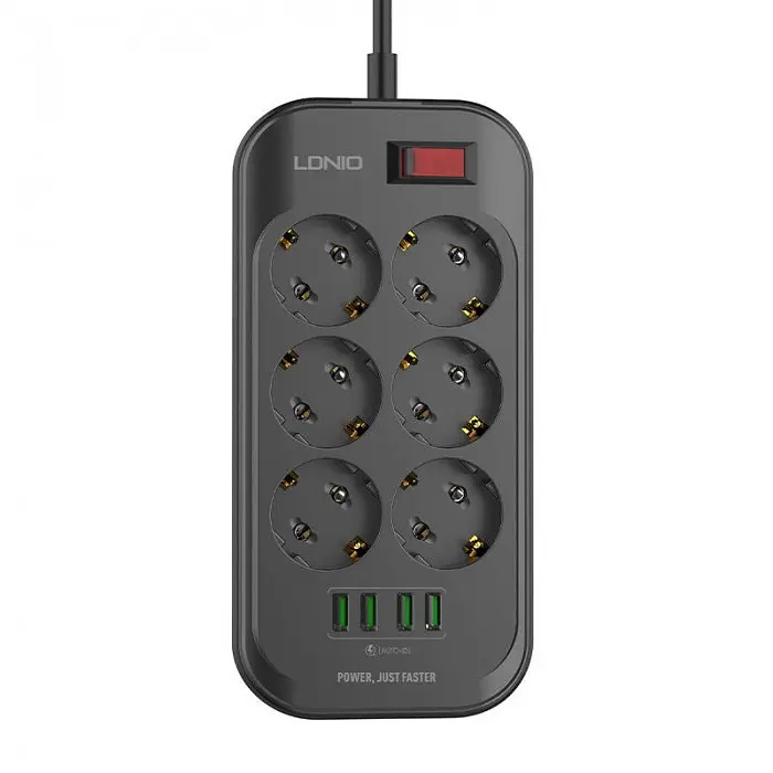 Мережевий фільтр подовжувач 6 розеток з 4 USB 2м із захистом та заземленням чорний LDNIO SE 6403 2500W 10A - фото 5