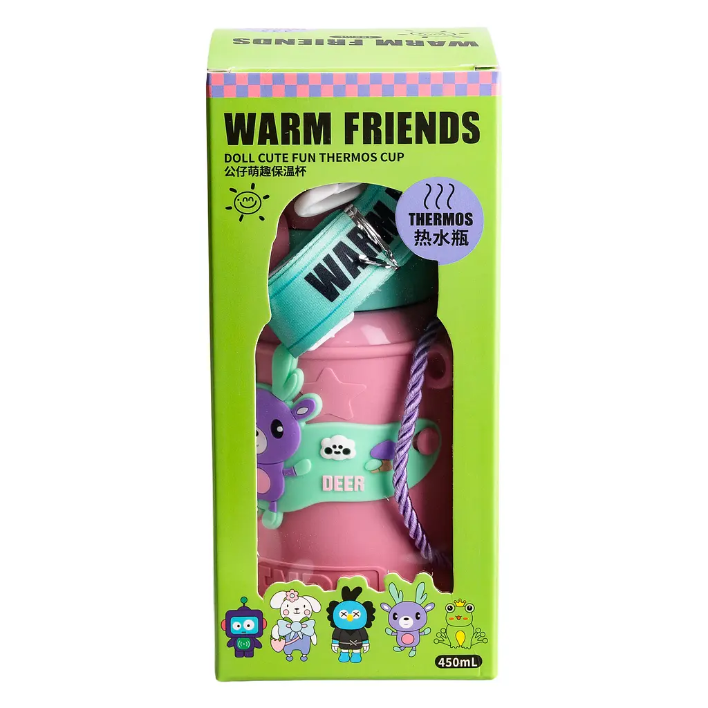 Термос детский Yiwu Warm Friends HP18308P со съемным силиконовым чехлом и ремешком 450 мл розовый - фото 4