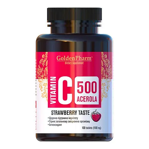 Вітаміни та мінерали Golden Pharm Vitamin C 500 mg with Acerola, 100 таблеток - Полуниця