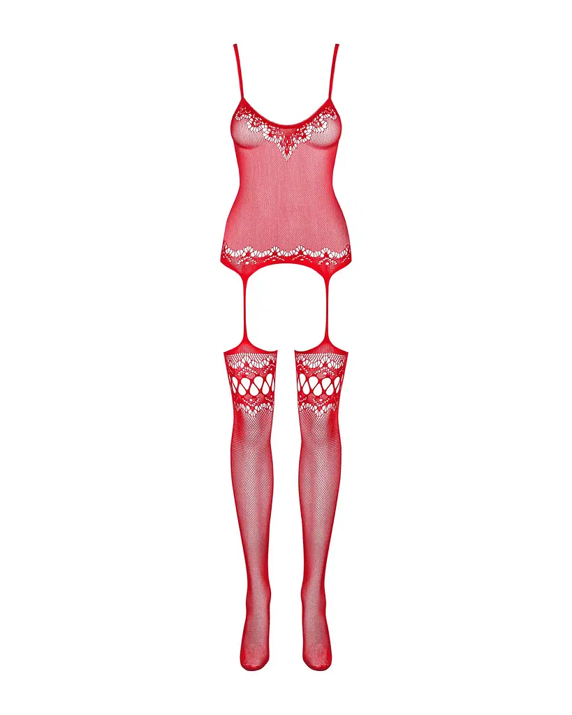 Бодістокінг Obsessive Bodystocking F214 red S/M/L, імітація корсета та панчіх на підв’язках - фото 5