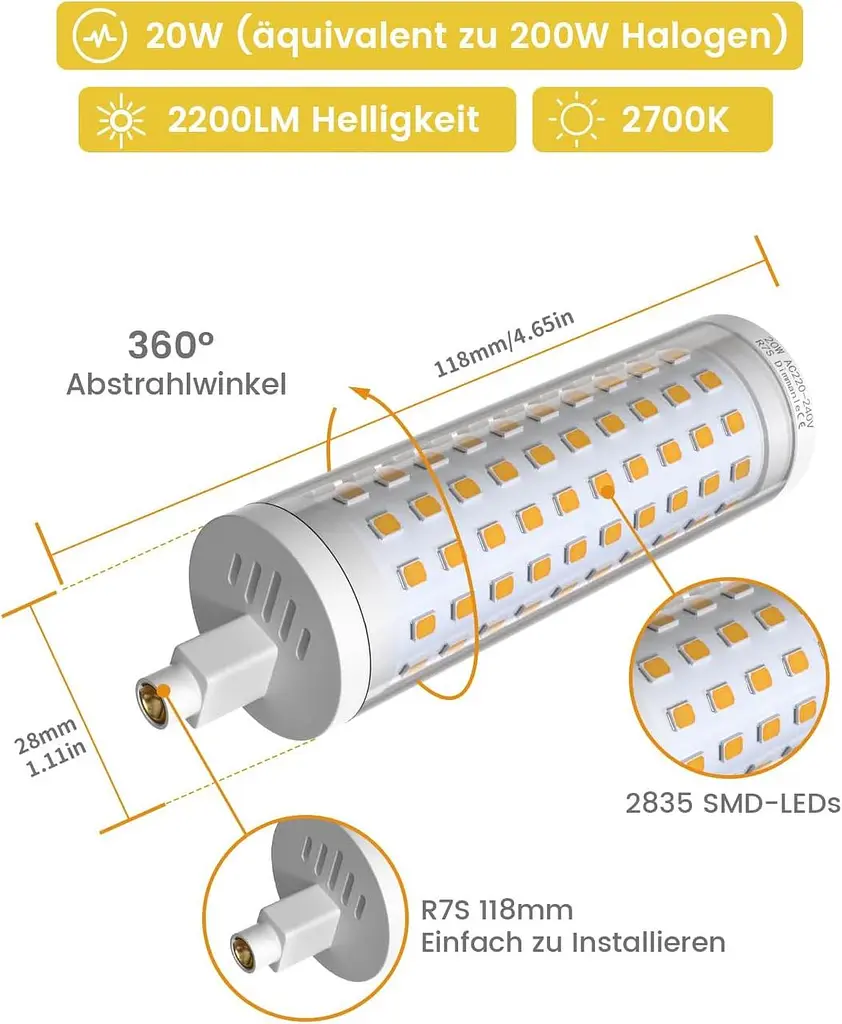 Світлодіодна лампа Bonlux 20W R7s 118 мм Dimmable Warm White 3000K 2000LM Замінити галогенну лампу 200W J118 J Тип - фото 2