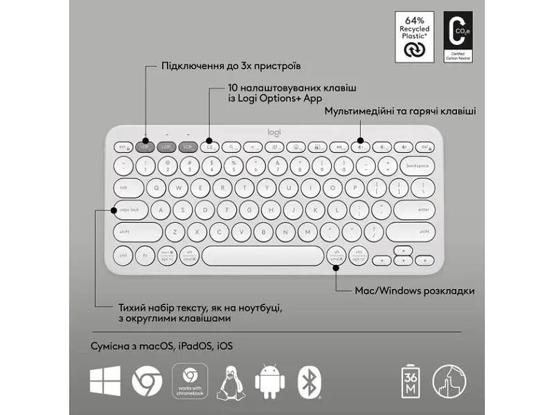 Клавіатура Logitech Pebble Keys 2 K380s Tonal White UA (920-011852) - фото 4