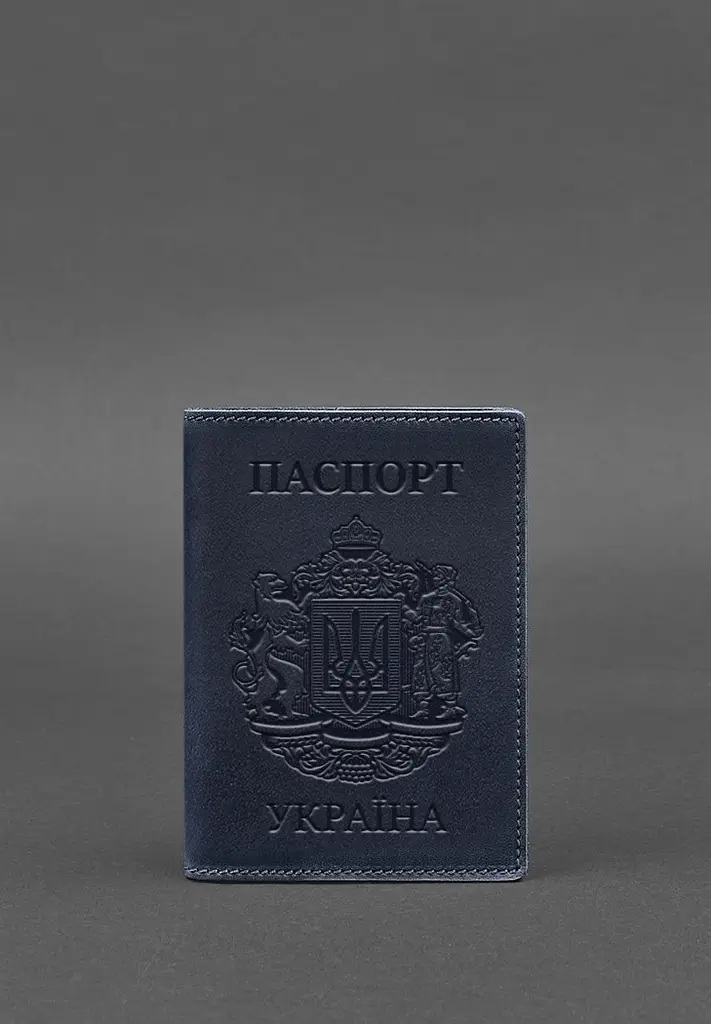 Шкіряна обкладинка для паспорта з українським гербом синя - фото 5