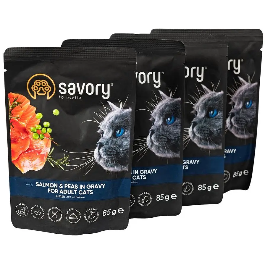 Набор влажных кормов Savory 3+1 для взрослых кошек, лосось с горохом в соусе 340 г (4 шт. х 85 г) - фото 4