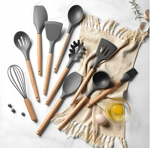 Силиконовый кухонный набор принадлежностей Kitchen & Dining 12 предметов (дерево+силикон) графитовый - фото 8