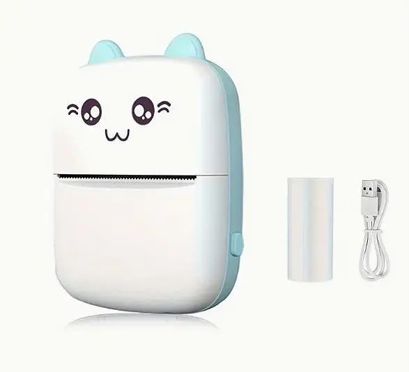 Портативний міні принтер Котик з вушками з термодруком Mini printer біло бірюзовий - фото 2