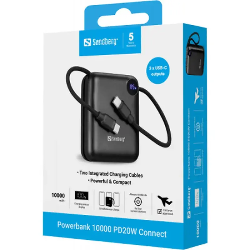 Батарея універсальна Sandberg 10000mAh PD/3.1/20W, QC/3.0, USB-C In/Out, with 2 cables USB-C (421-26) - фото 6
