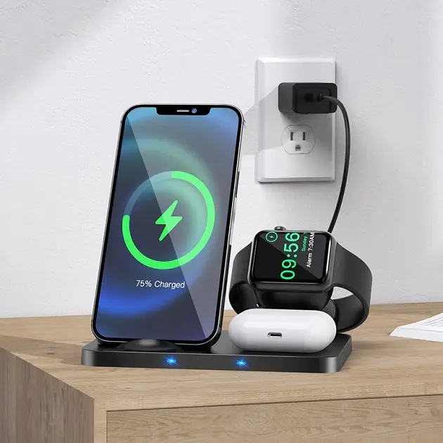 Бездротовий зарядний пристрій Hoco Wisdom 3-in-1 Wireless Fast Charger CW33 Black [62740] - фото 7