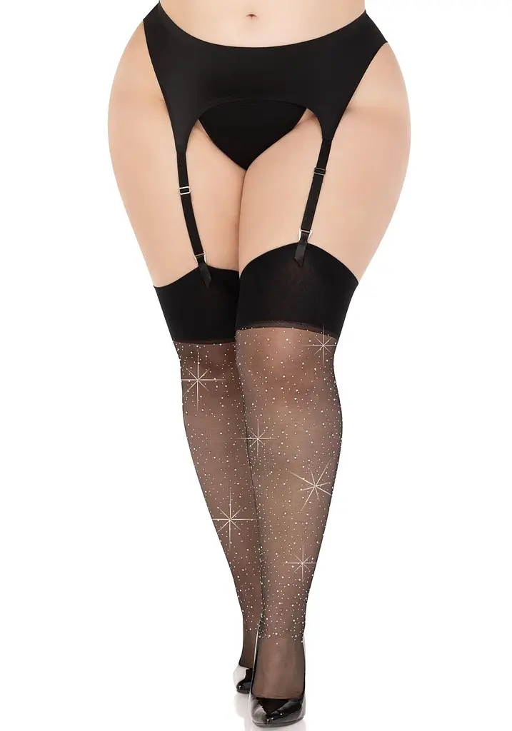 Панчохи зі стразами Leg Avenue Wide Top Rhinestone Sheer Stockings, 1X/2X, чорні, вище коліна