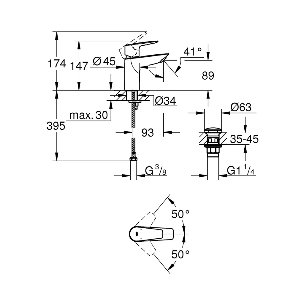 Смеситель для раковины Grohe QuickFix Start Edge S-Size 24199001 с донным клапаном, Хром - фото 2