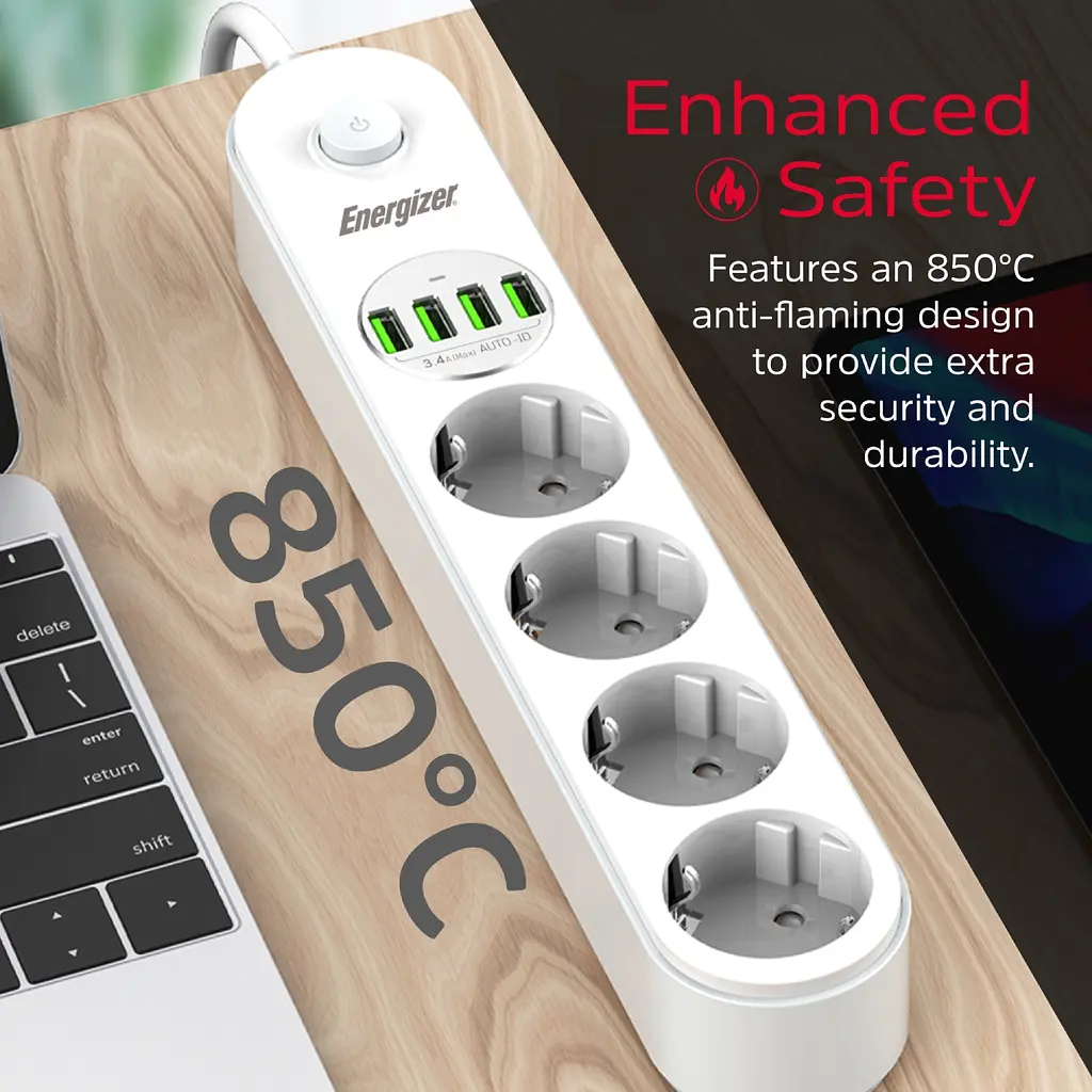 Power filtr 2.0м Energizer 4 розетки, 4xUSB 3.4A, з заземленням білий - фото 8