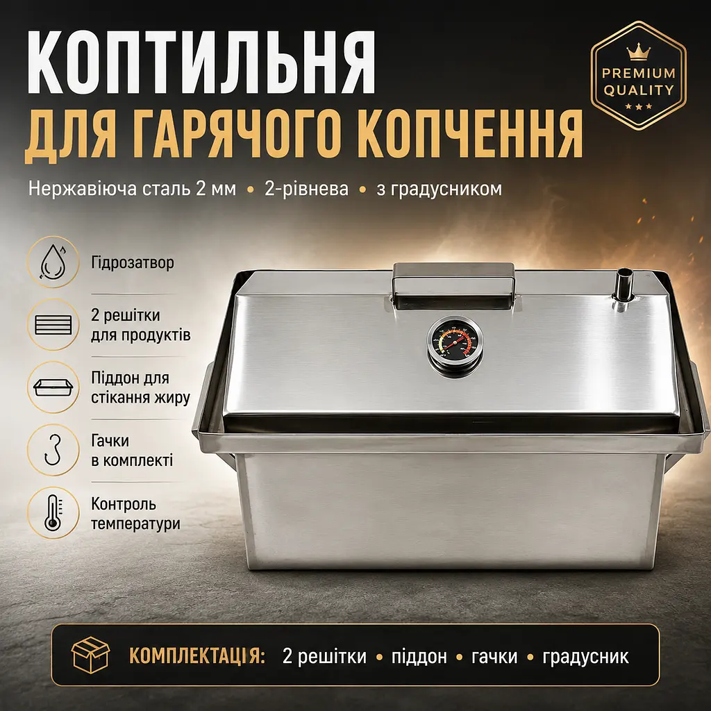 Коптильня гарячого копчення з нержавіючої сталі 2 мм з гідрозатвором і градусником 45х25х27 см - фото 2