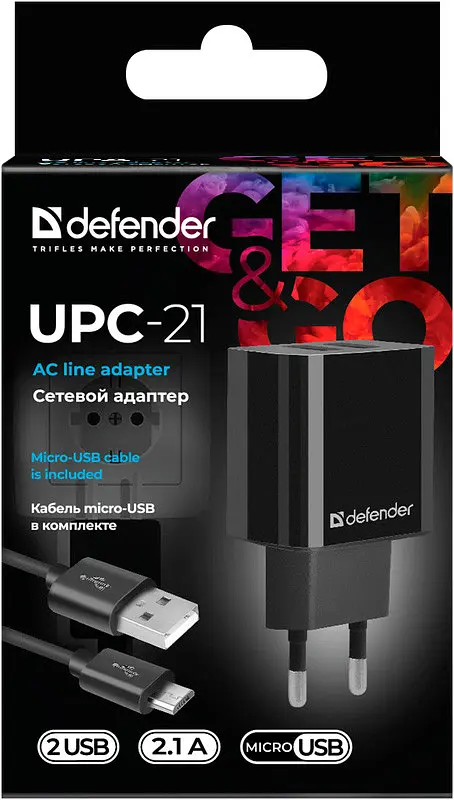 Зарядний пристрій 2xUSB 12W 2.1A UPC-21 +кабель microUSB, чорний Defender - фото 8