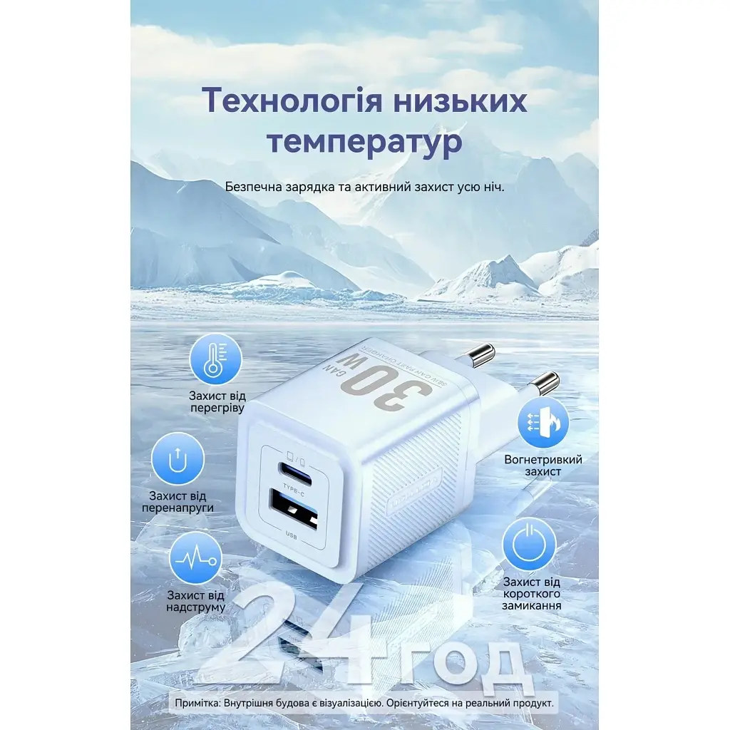 Зарядний пристрій Vention 1xUSB-C PD 30 Вт + 1xUSB QC 3.0 30 Вт GaN білий (FEQW0-EU) - фото 9
